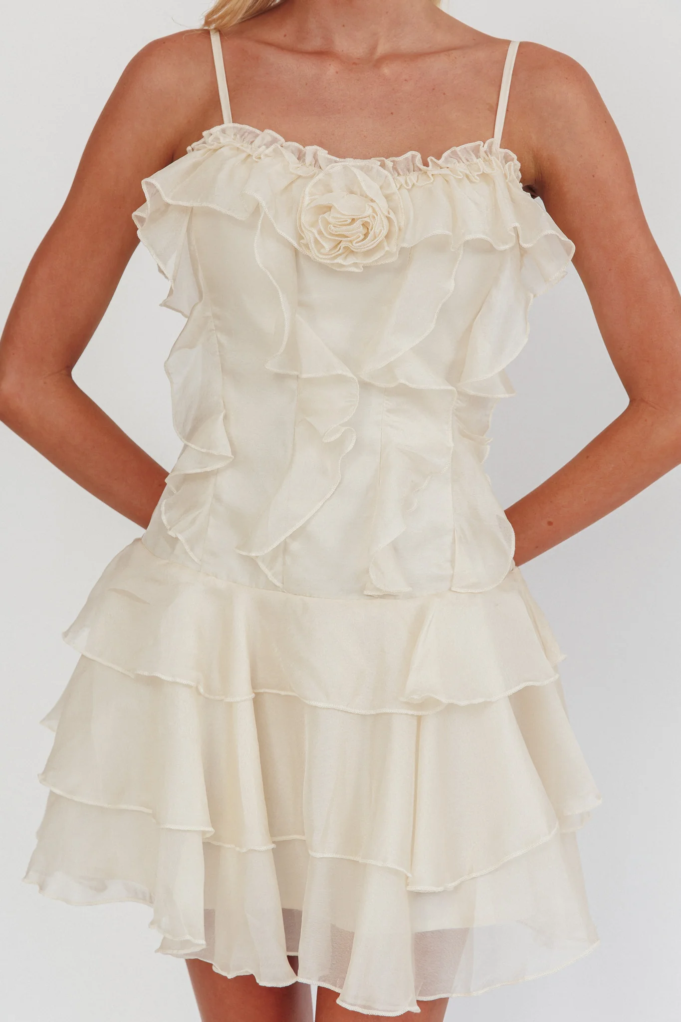 Sweetest Things Frill Trim Rosette Mini Dress Cream - Image 3