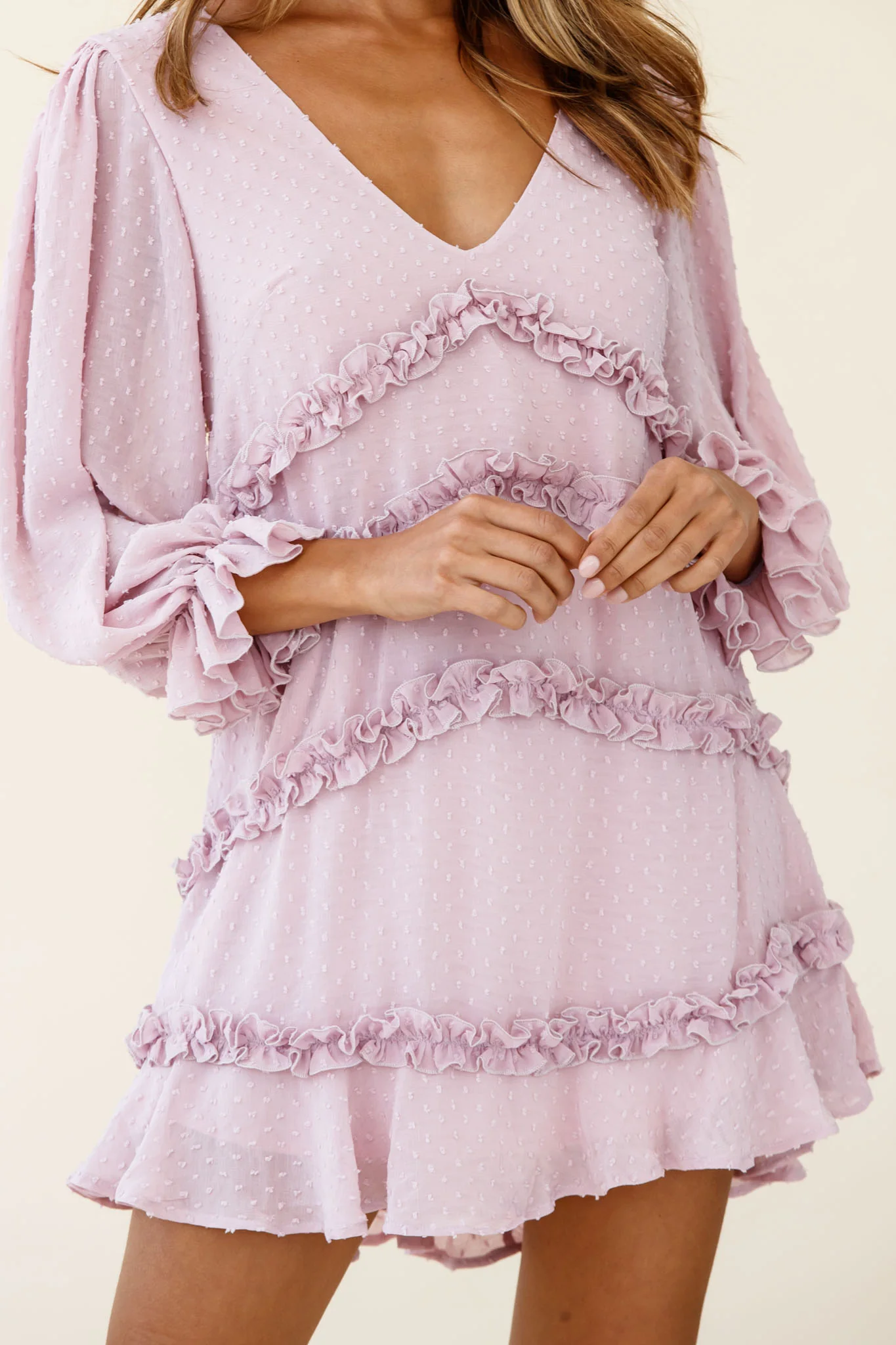 Tabitha Balloon Sleeve Loose Fit Frill Detail Dress Blush - Image 7