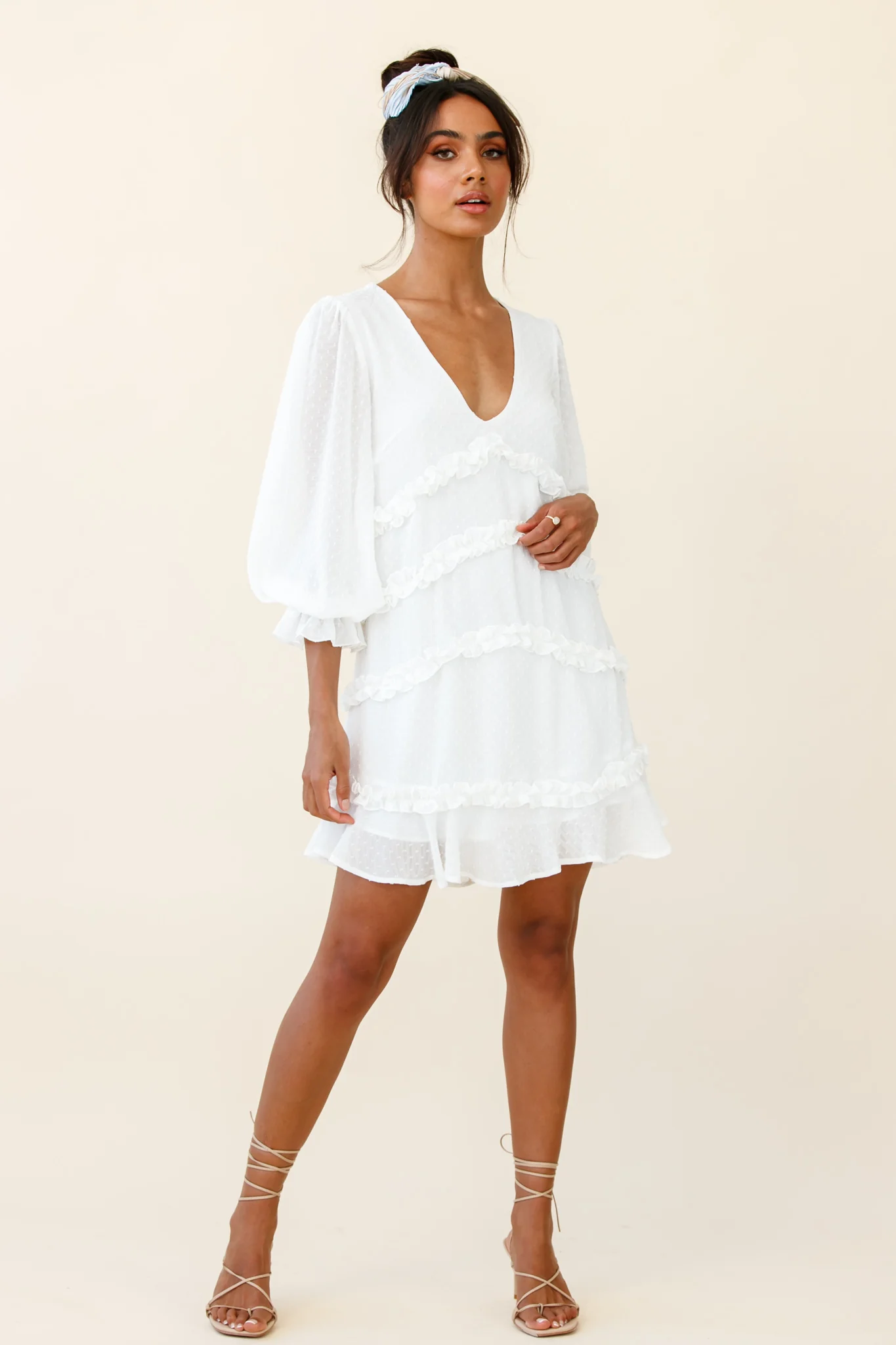 Tabitha Balloon Sleeve Loose Fit Frill Detail Dress White - Image 2