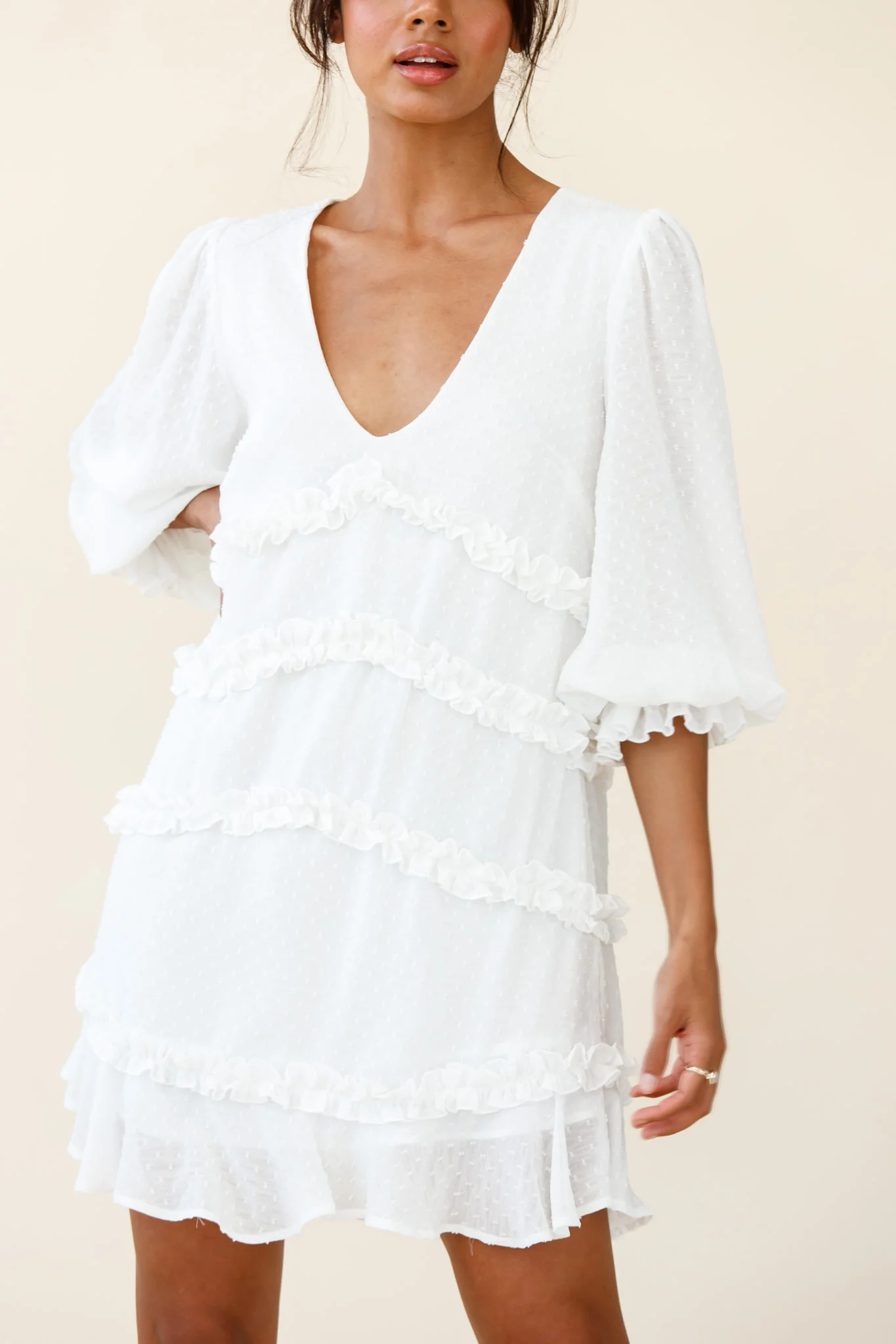 Tabitha Balloon Sleeve Loose Fit Frill Detail Dress White - Image 4