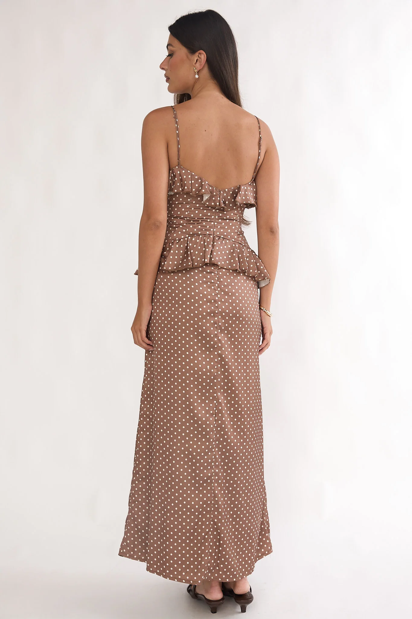 Tahlie Ruffle Trim Maxi Dress Polka Dot Mocha - Image 3