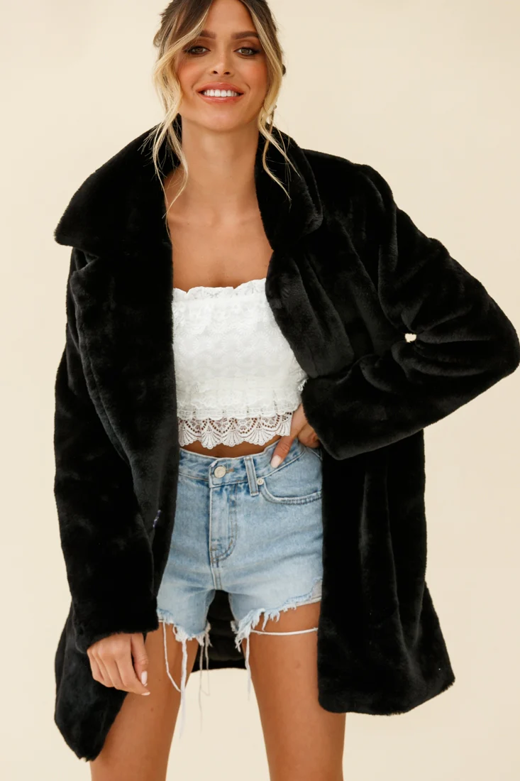 Tahoe Faux Fur Notch Lapel Coat Black - Image 6