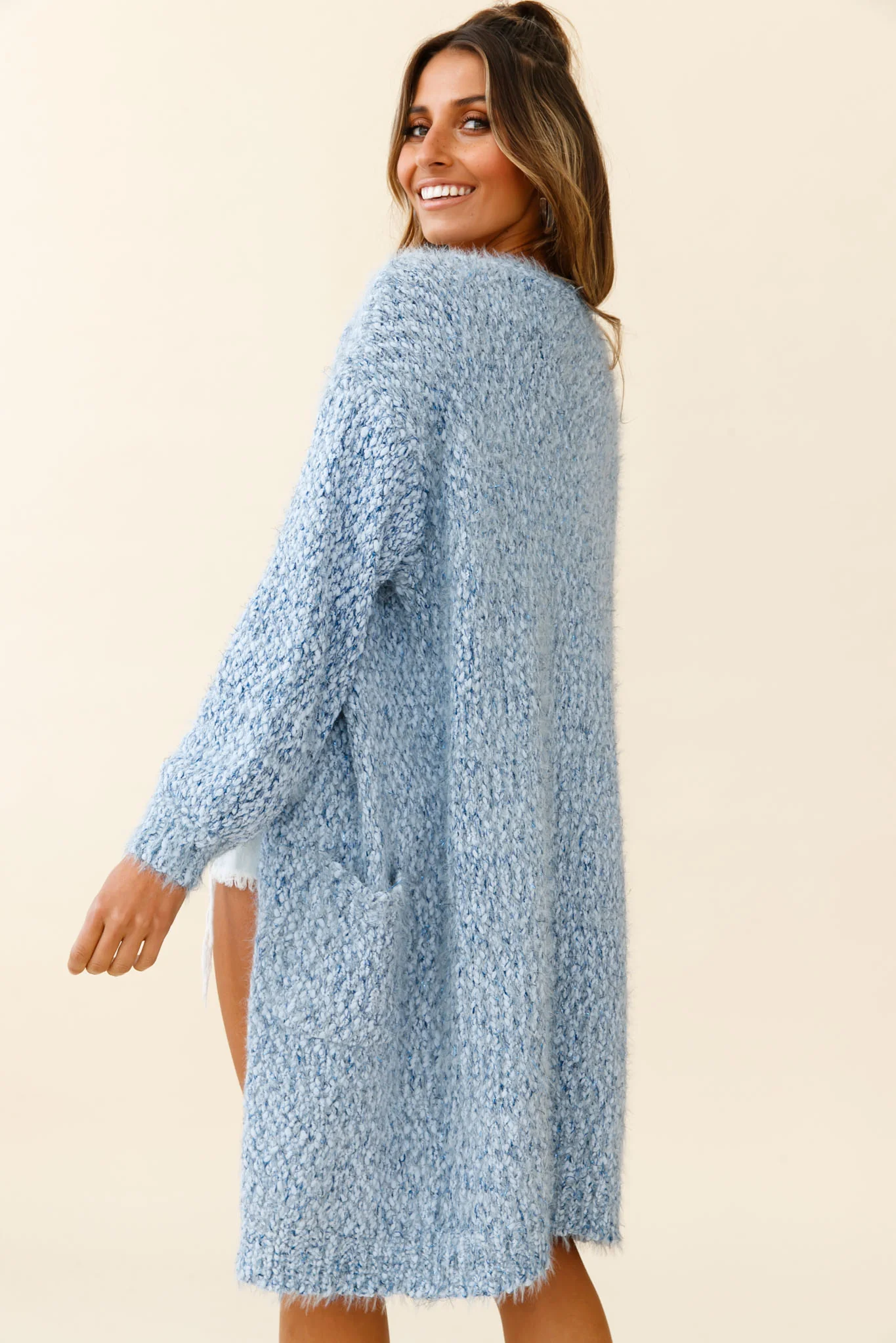 Take It Easy Long Sleeve Chunky Knit Duster Cardigan Blue - Image 3