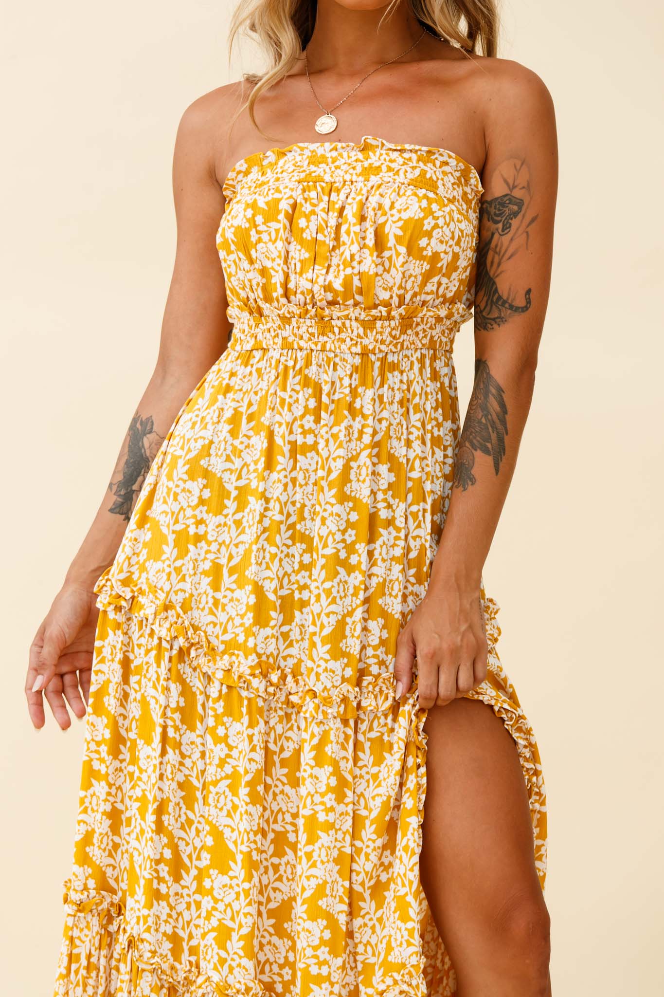Take Me Away Strapless Maxi Dress Floral Print Mustard - Image 4