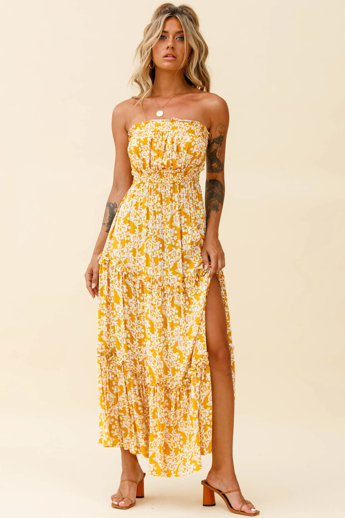 Take Me Away Strapless Maxi Dress Floral Print Mustard - Image 5