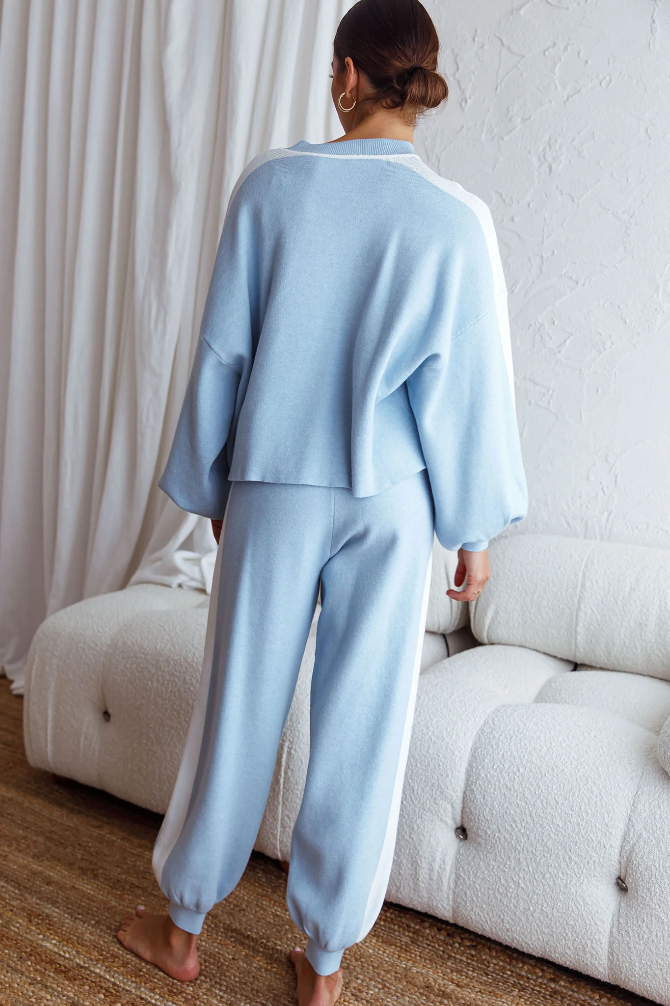 Take Me Back Balloon Sleeve Drop Shoulder Brushed Knit Sweater Blue - Image 2