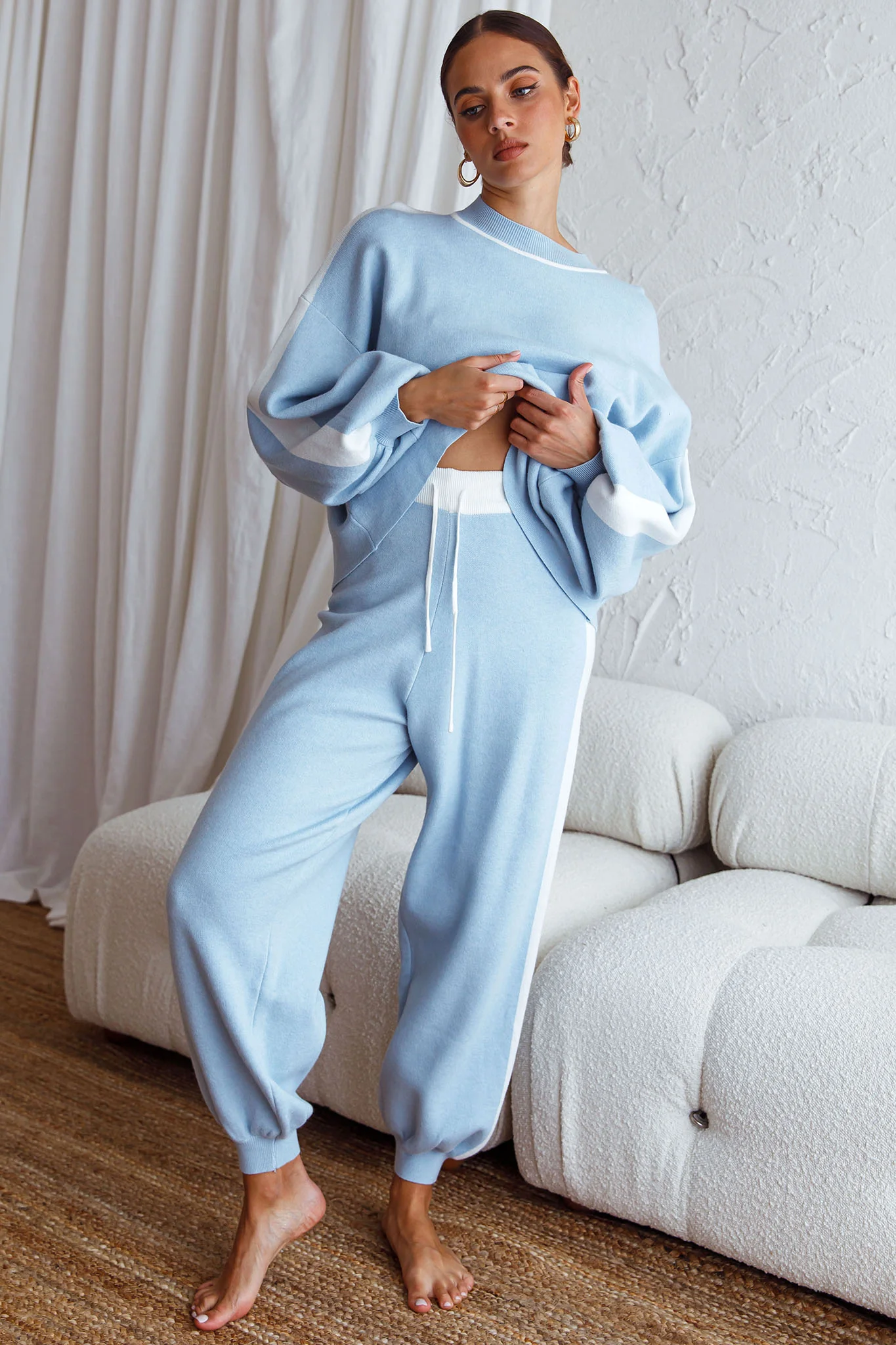 Take Me Back Balloon Sleeve Drop Shoulder Brushed Knit Sweater Blue - Image 7