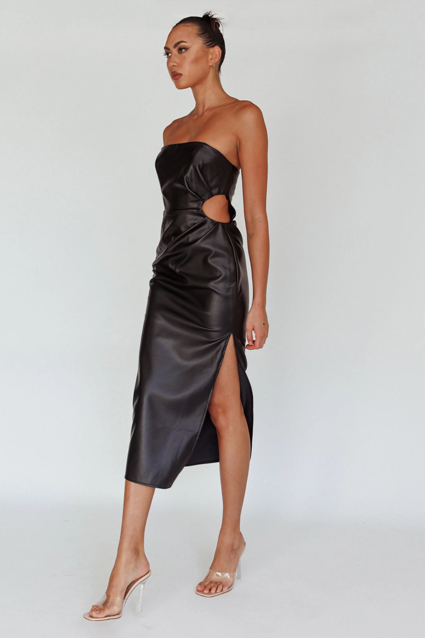 Taking Bets Strapless Midi Dress Leather Black - Image 3