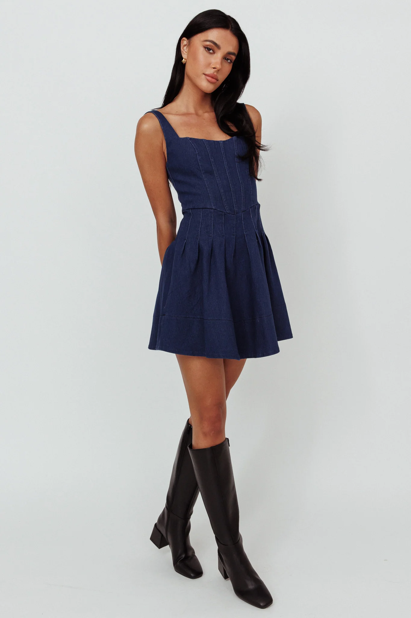 Talisa Pintuck Pleat Waist Mini Dress Dark Blue - Image 2