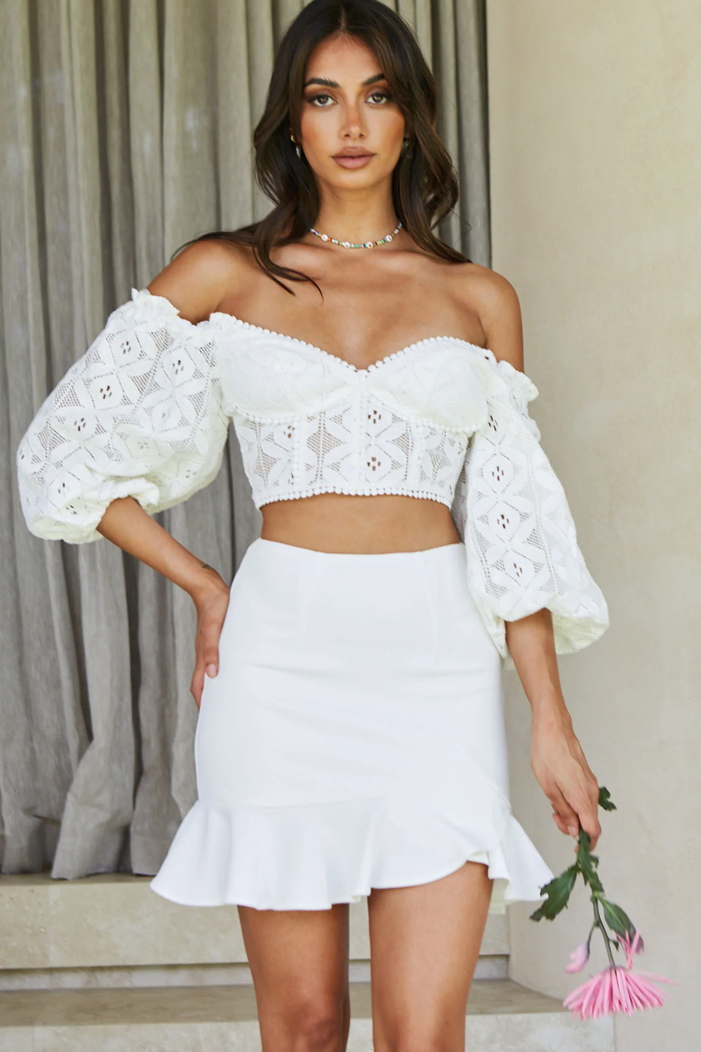 Talk About Me Puff Half Sleeve Circle Trim Crop Top White - Image 7
