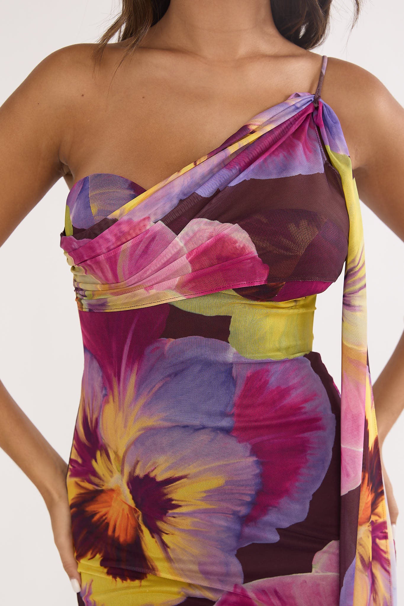 Tallis One-Shoulder Asymmetric Neckline Dress Brown - Image 3
