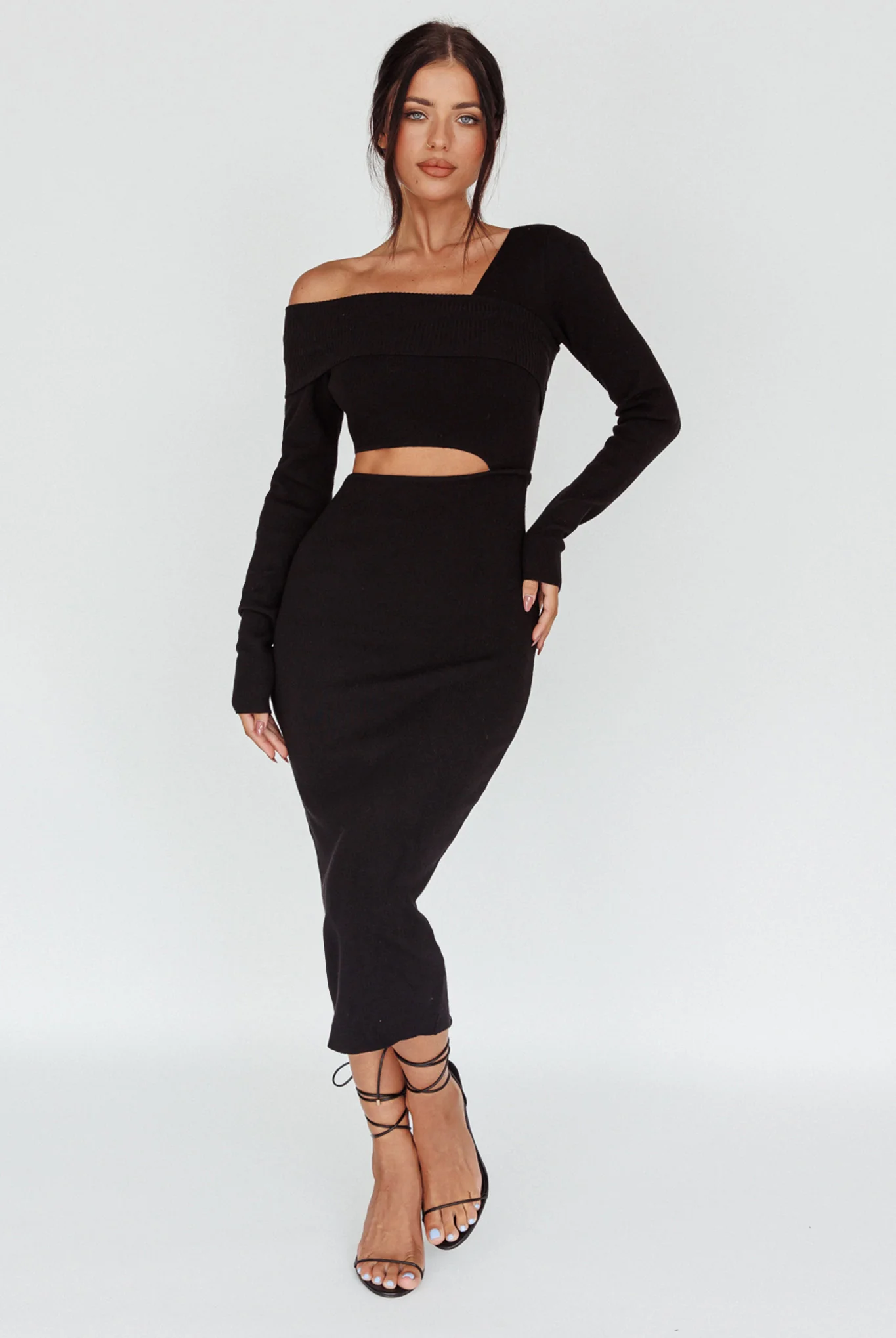 Tamar Long Sleeve One-Shoulder Midi Dress Black - Image 3