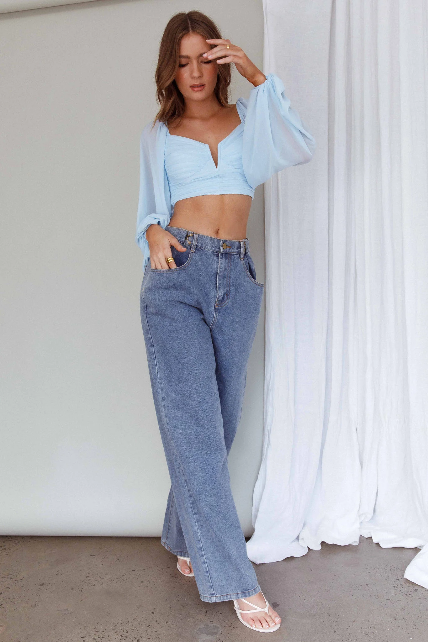 Tanner Long Sleeve Ruched Crop Top Steel Blue - Image 5