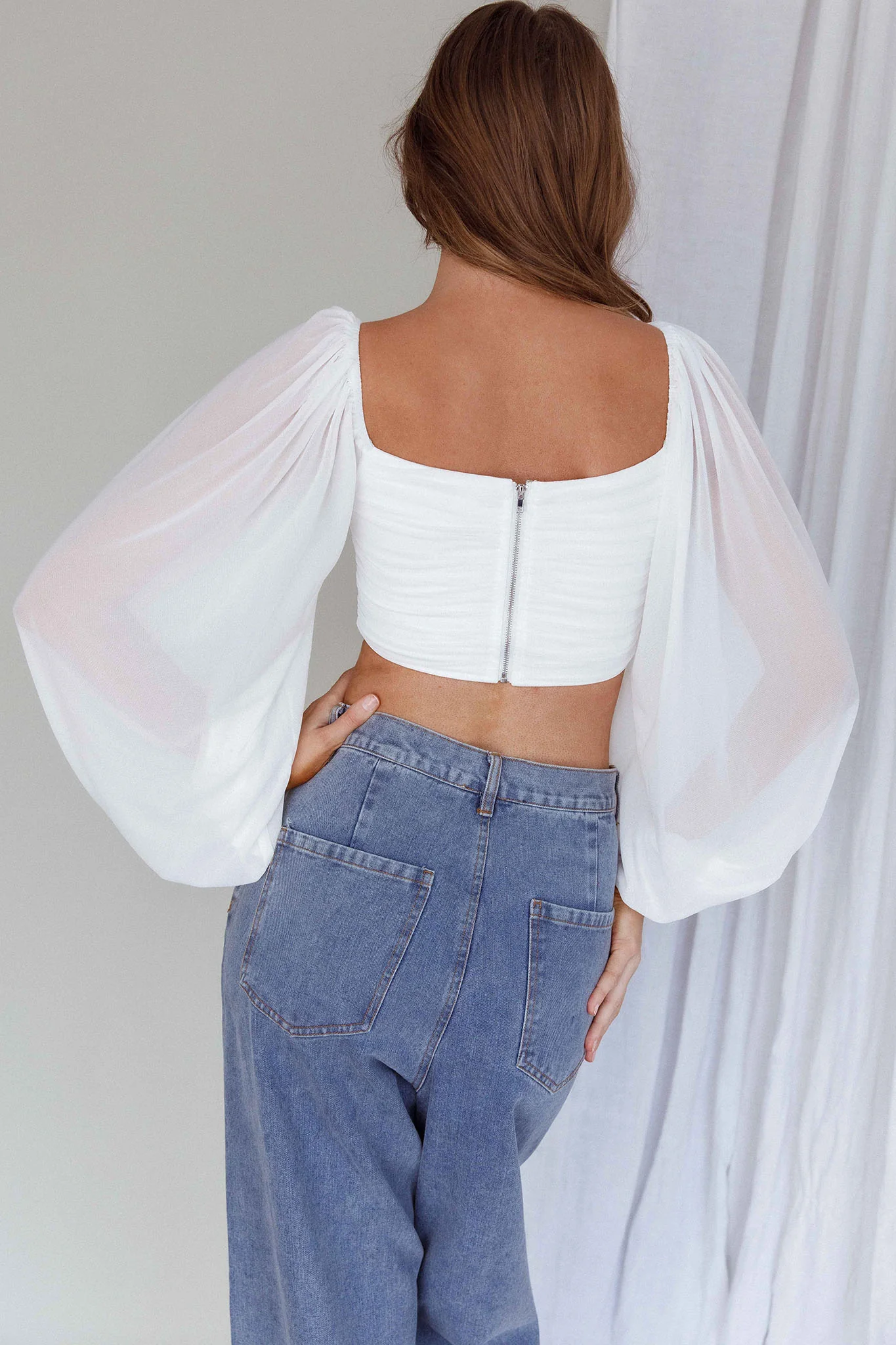 Tanner Long Sleeve Ruched Crop Top White - Image 3