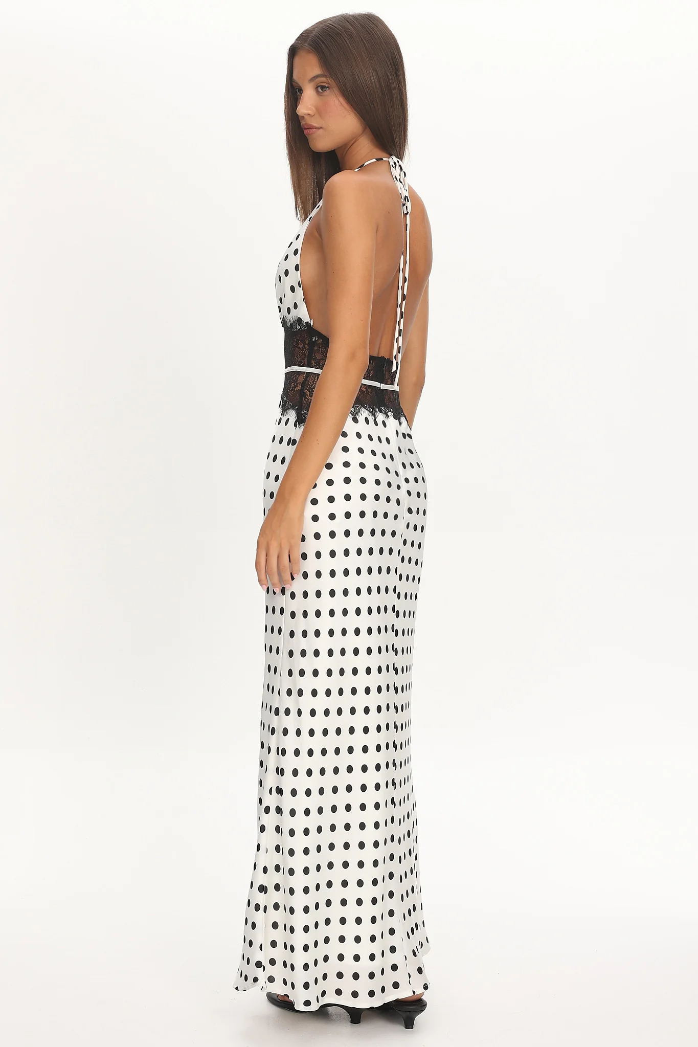 Tarly Lace Waist Halter Maxi Dress Polka Dot White - Image 2