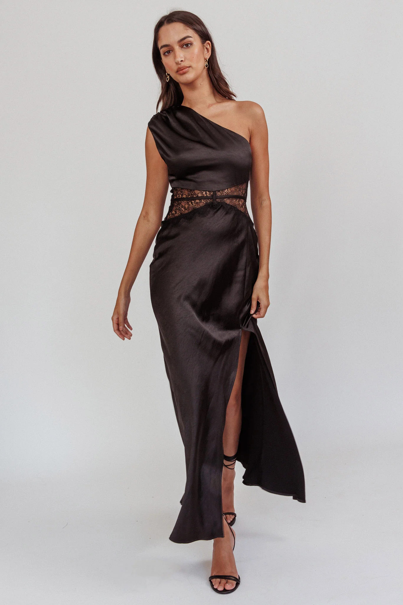 Tarly Lace Waist One-Shoulder Maxi Dress Black - Image 3