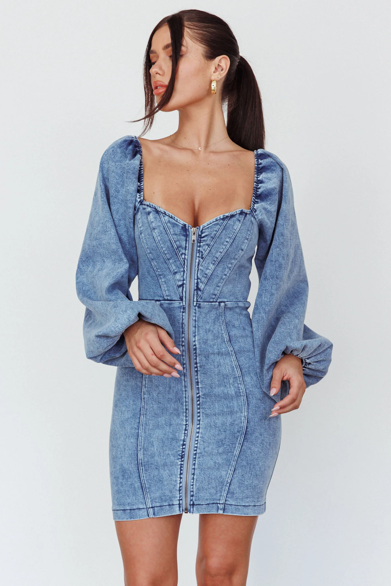 Tasmyn Balloon Sleeve Zipper Mini Dress Denim - Image 5