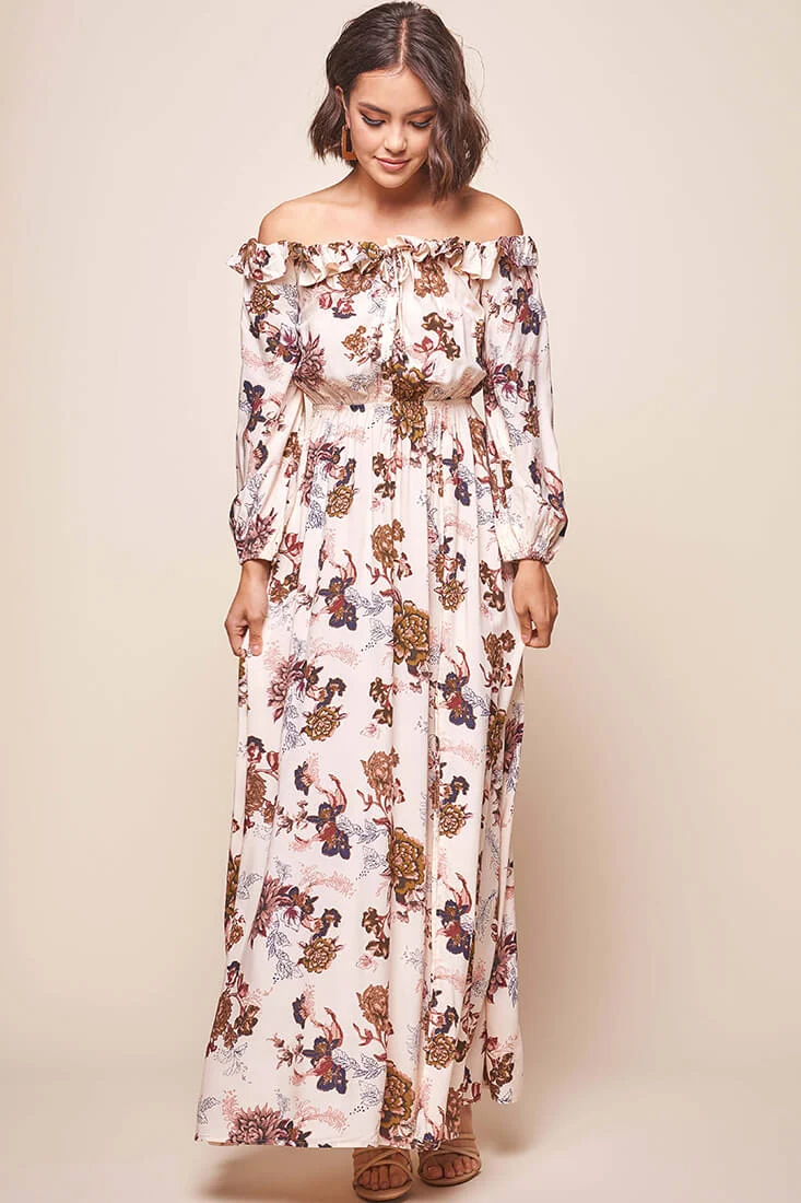 Tatiana Bardot Frill Neckline Maxi Dress Mocha - Image 6