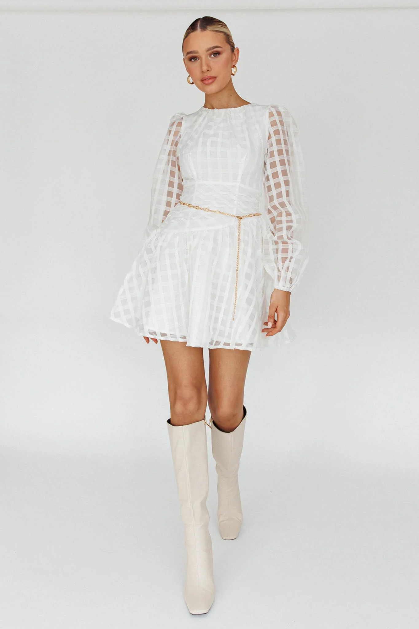 Tatiana Long Sleeve Plaid Mini Dress White - Image 3