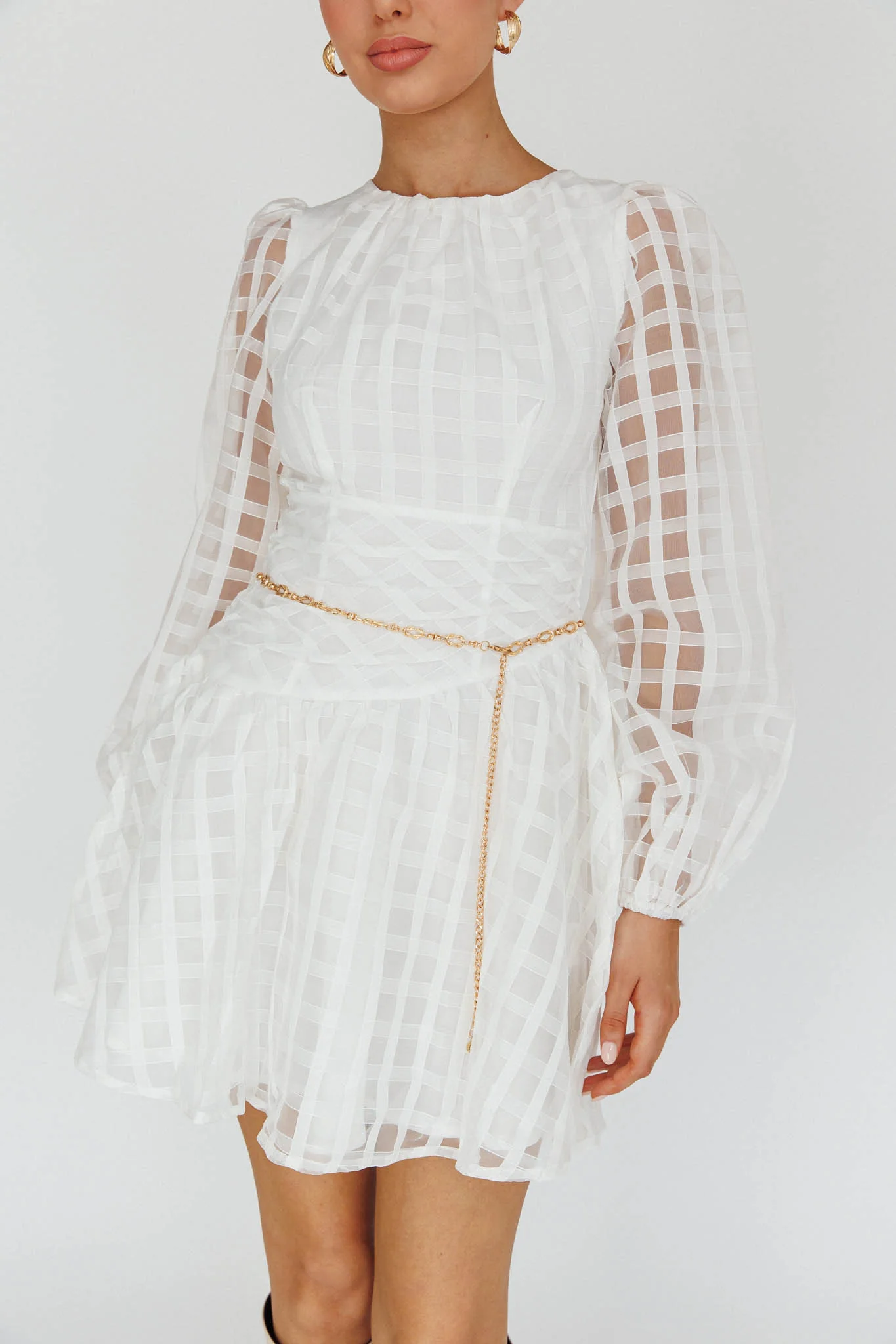 Tatiana Long Sleeve Plaid Mini Dress White - Image 4