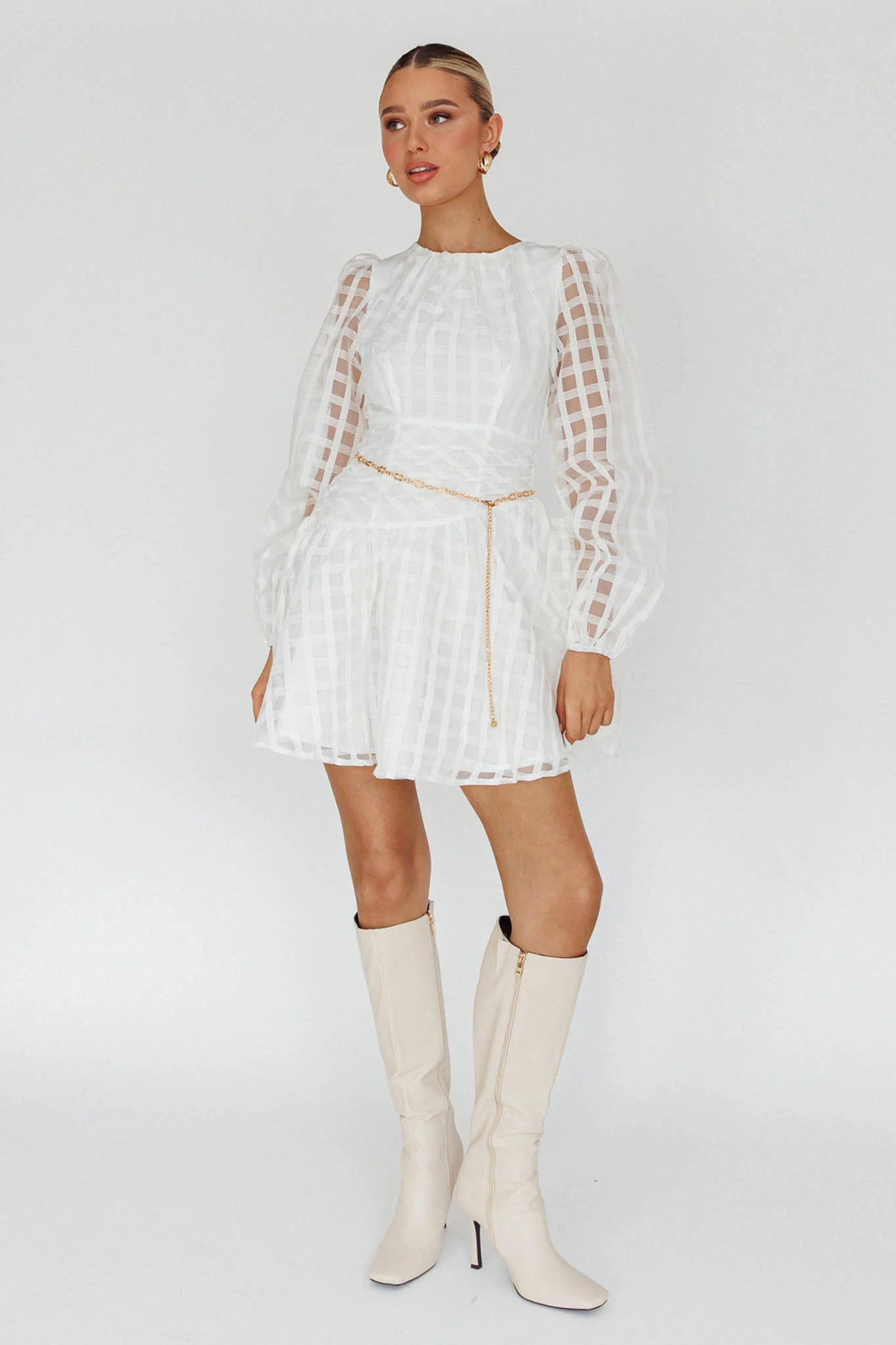 Tatiana Long Sleeve Plaid Mini Dress White - Image 5