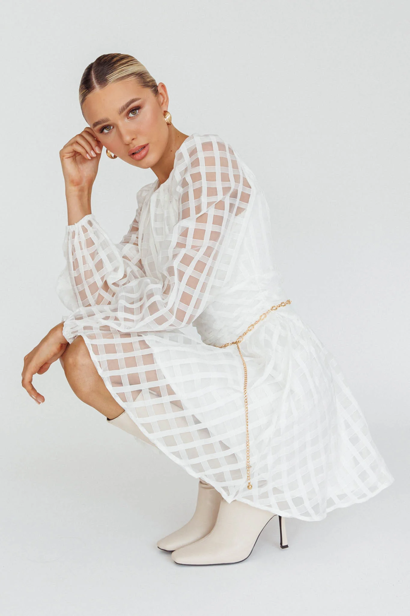 Tatiana Long Sleeve Plaid Mini Dress White - Image 7