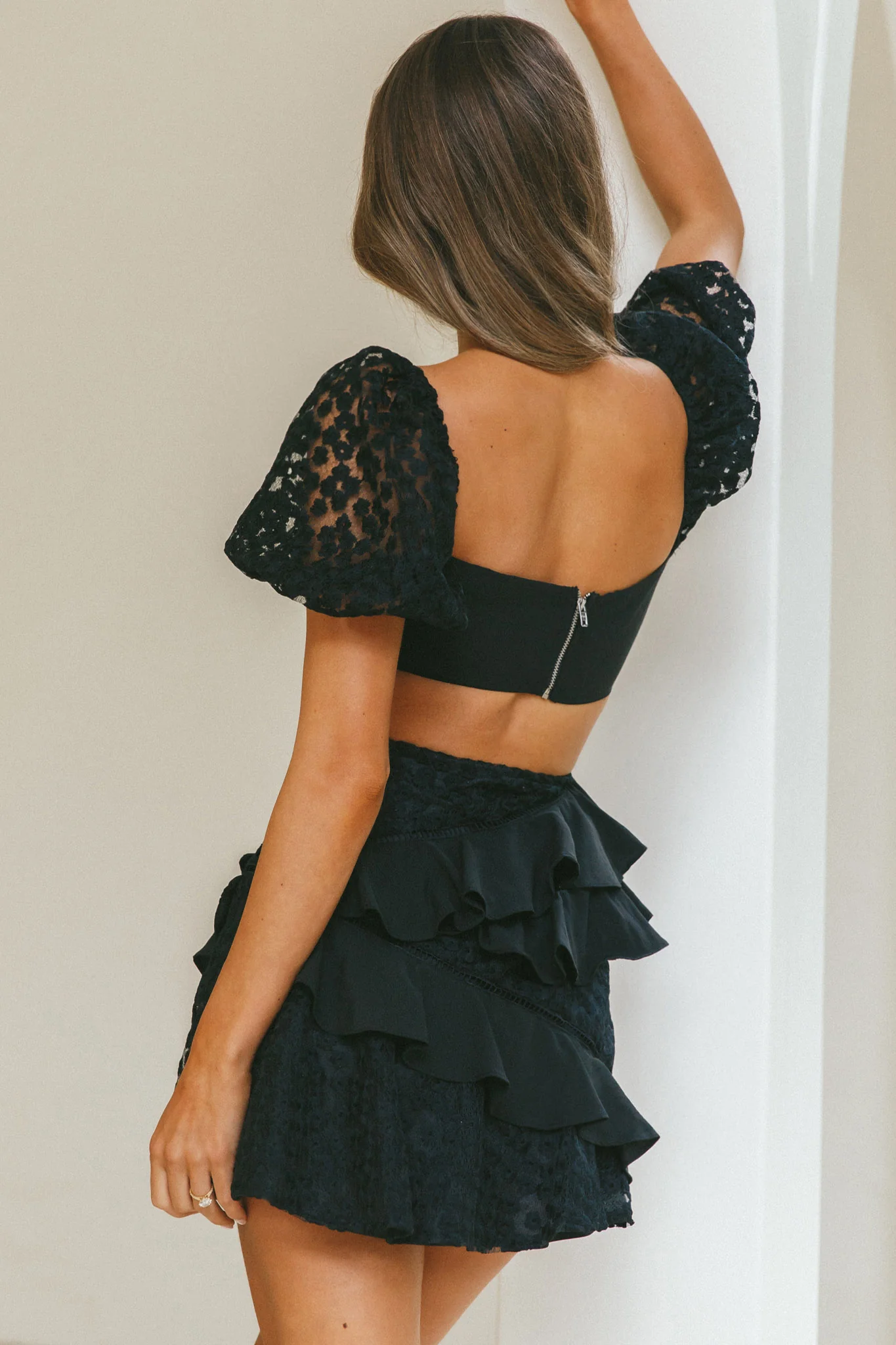 Taurus Floral Embroidery Puff Sleeve Dress Black - Image 2