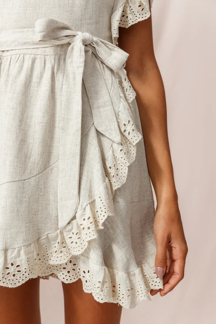 Taya Ruffle Shoulder Waist Tie Dress Beige - Image 5