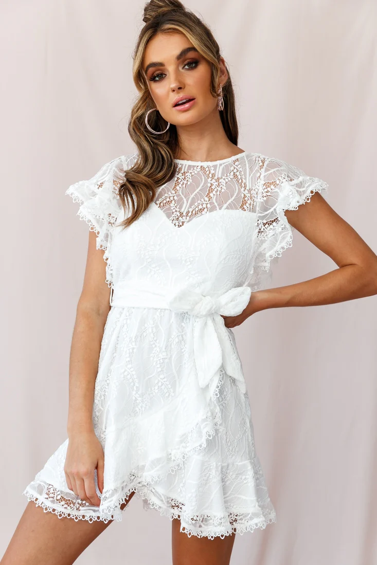 Taya Ruffle Shoulder Waist Tie Dress White Lace - Image 5