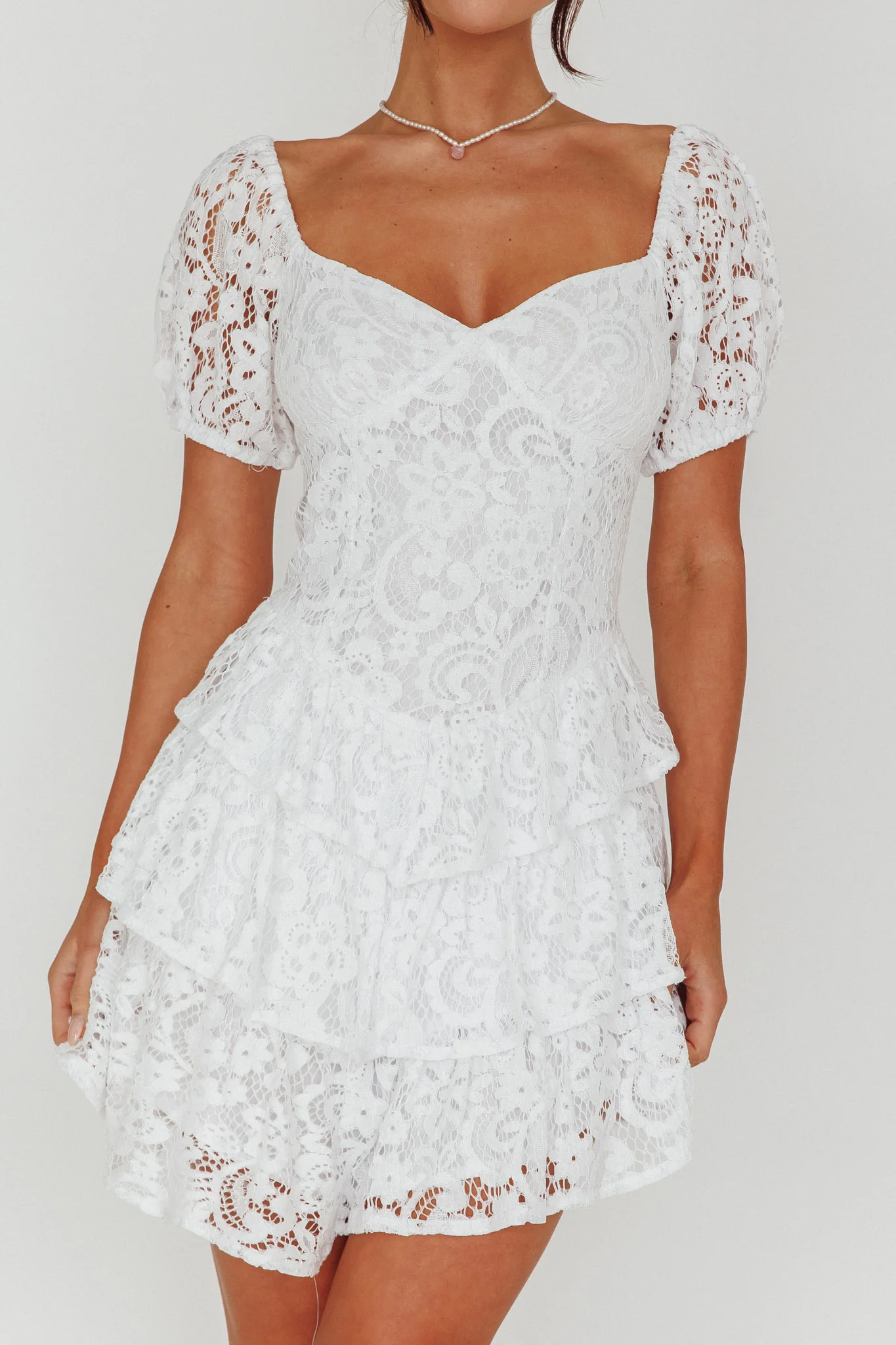 Tayah Tiered Lace Mini Dress Off White - Image 4