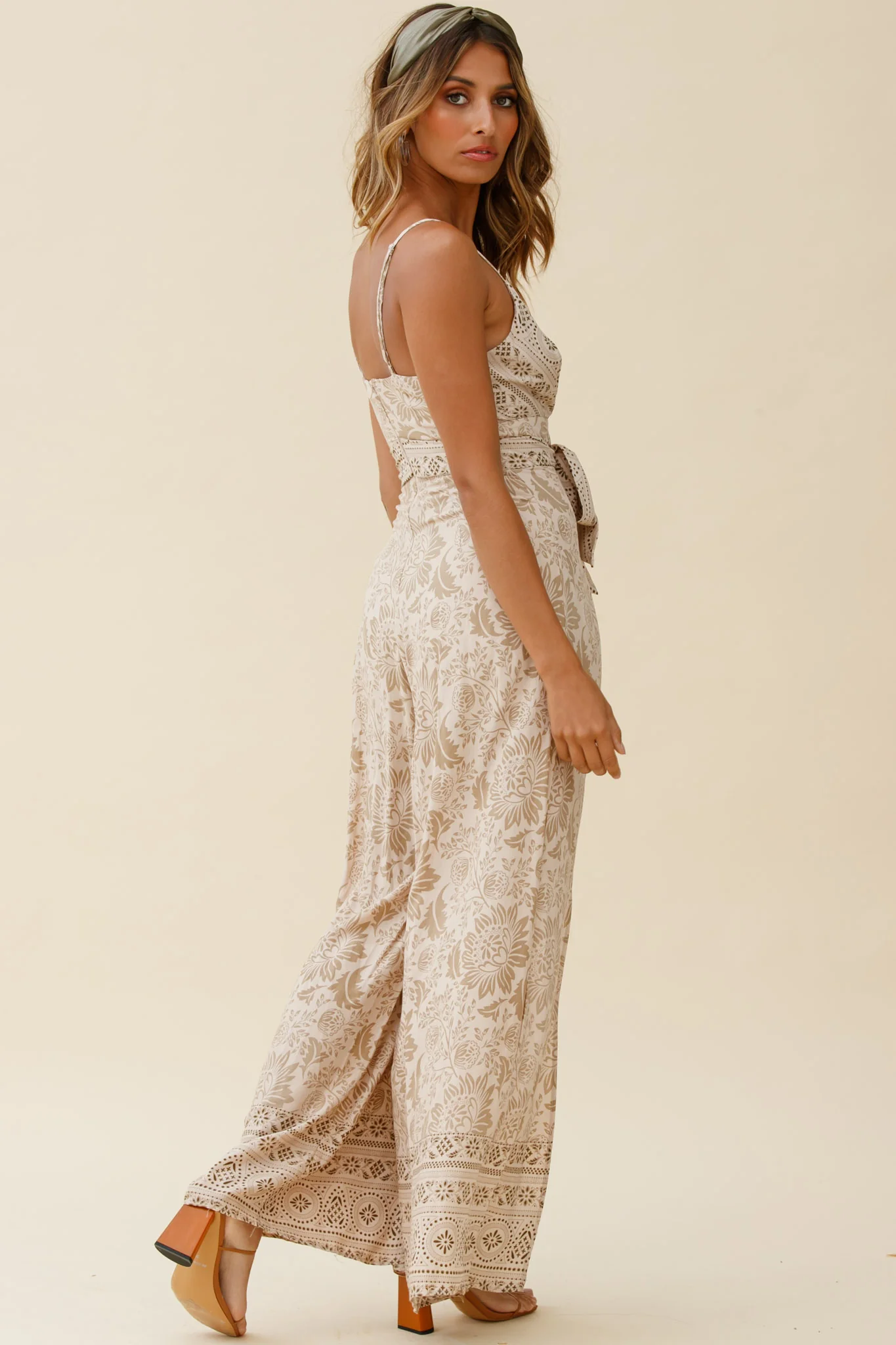 Taylor V-Neck Split Wide Leg Jumpsuit Stencil Print Mocha - Image 2