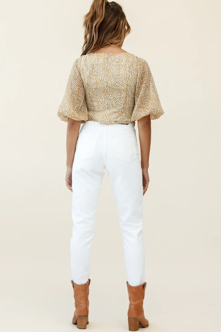 Taz Puff Sleeve Tie Front Top Leopard Print Mustard - Image 6