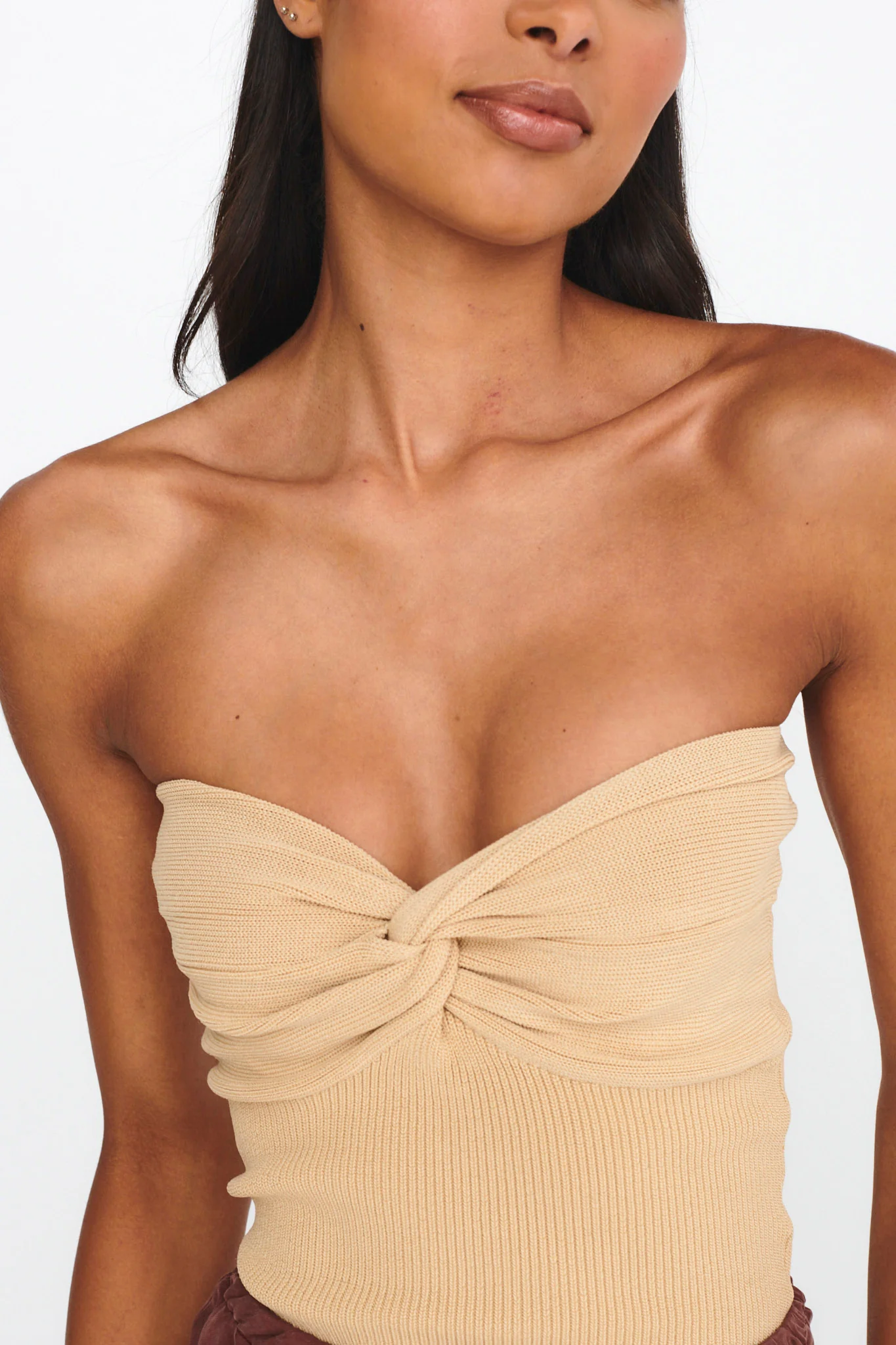 Teagan Strapless Ribbed Knit Top Beige - Image 4