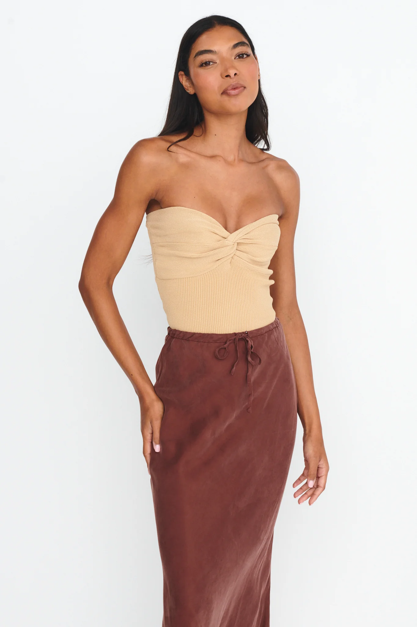 Teagan Strapless Ribbed Knit Top Beige - Image 5
