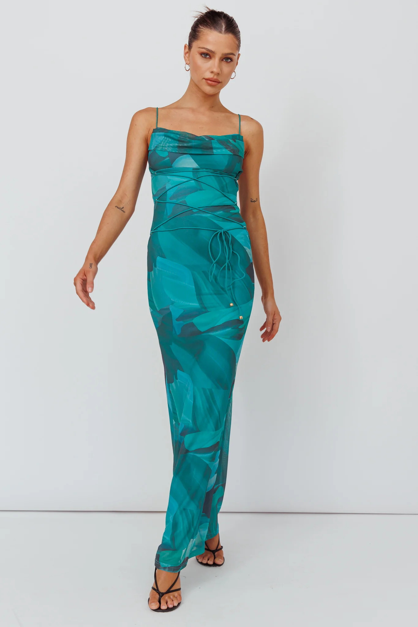 Teava Laced Waist Maxi Dress Abstract Green - Image 3