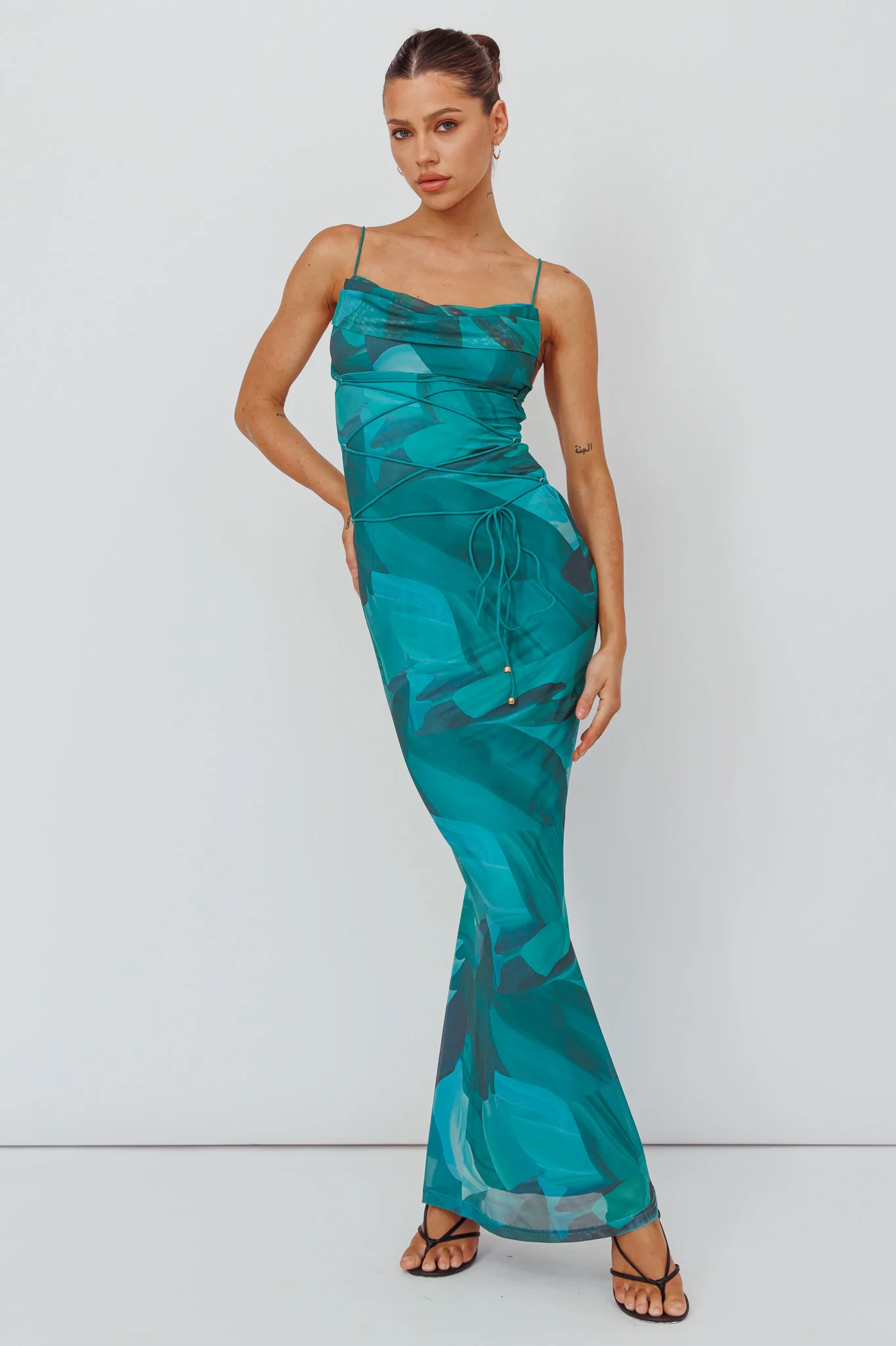Teava Laced Waist Maxi Dress Abstract Green - Image 5