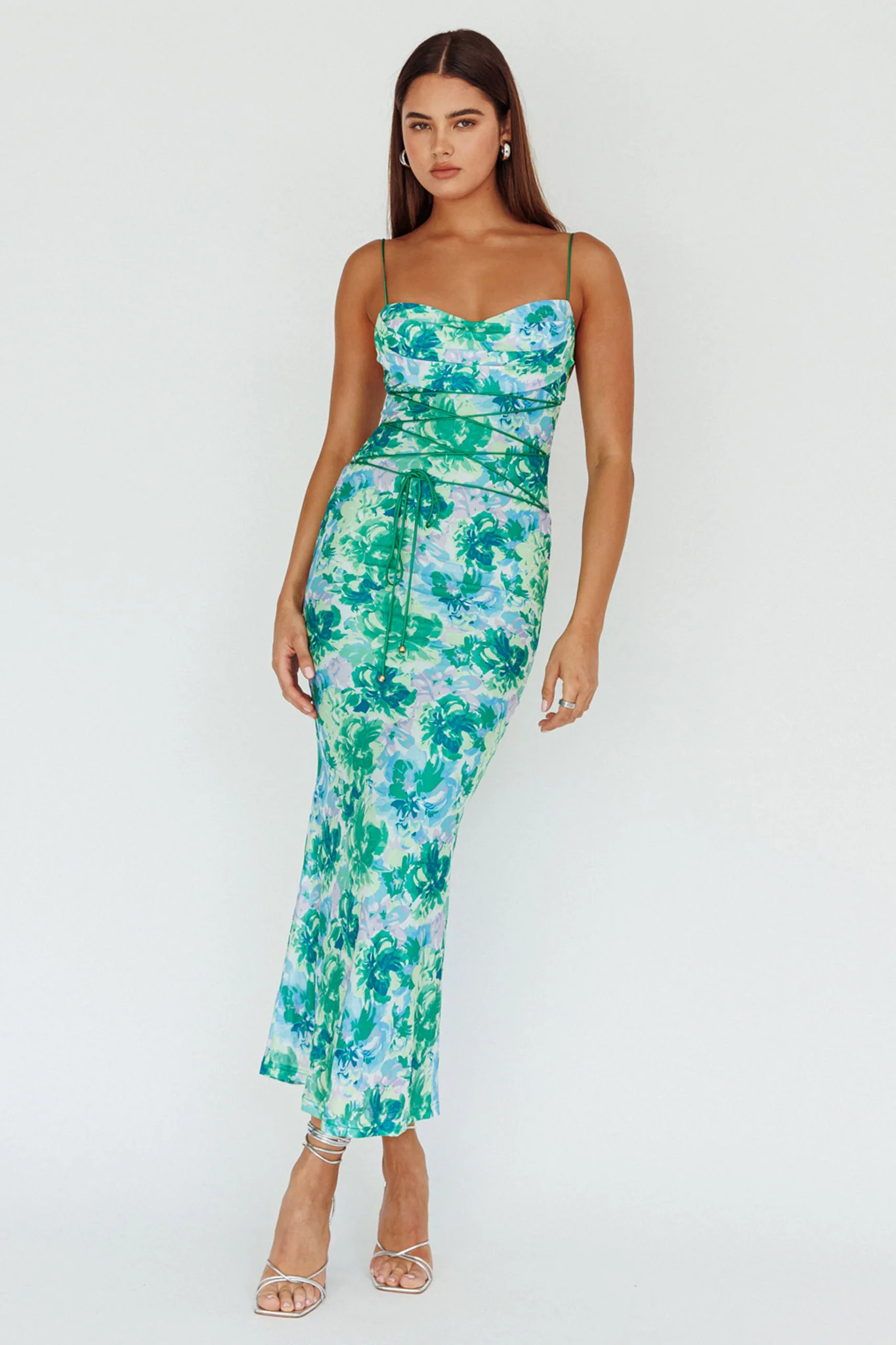 Teava Laced Waist Midi Dress Floral Green - Image 2
