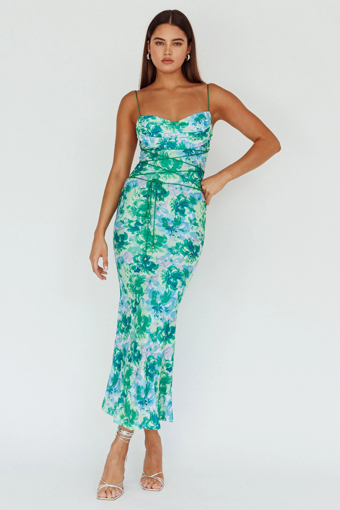 Teava Laced Waist Midi Dress Floral Green - Image 4