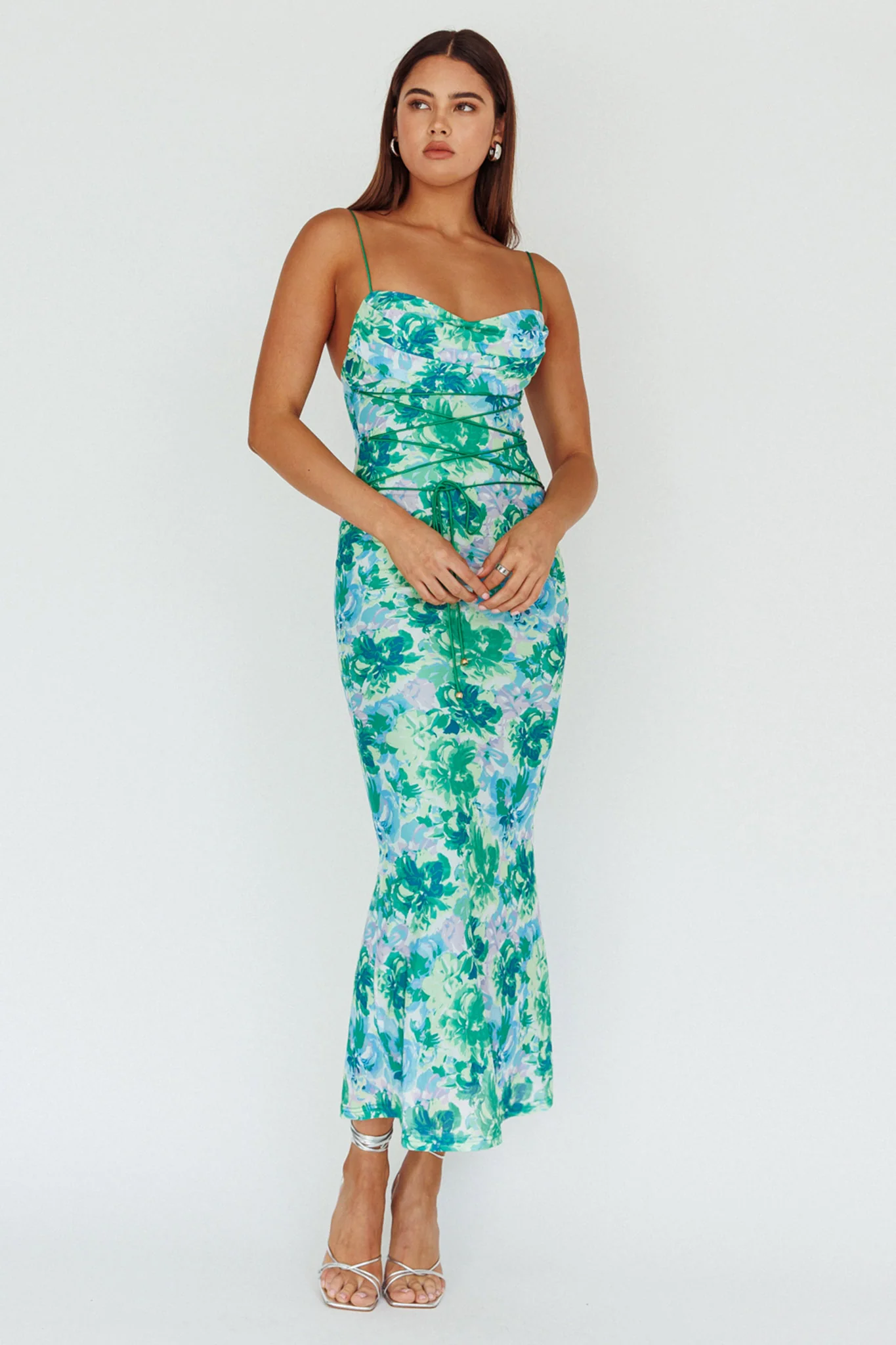 Teava Laced Waist Midi Dress Floral Green - Image 7