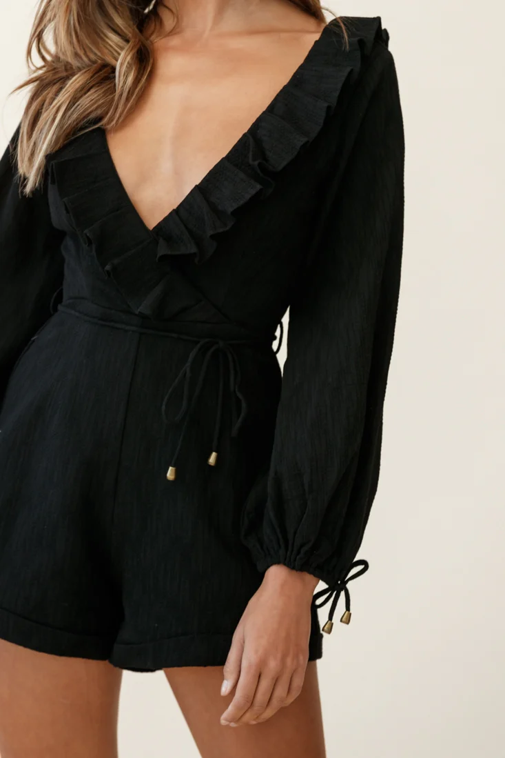 Tegan Long Sleeve Ruffle Neckline Romper Black - Image 6