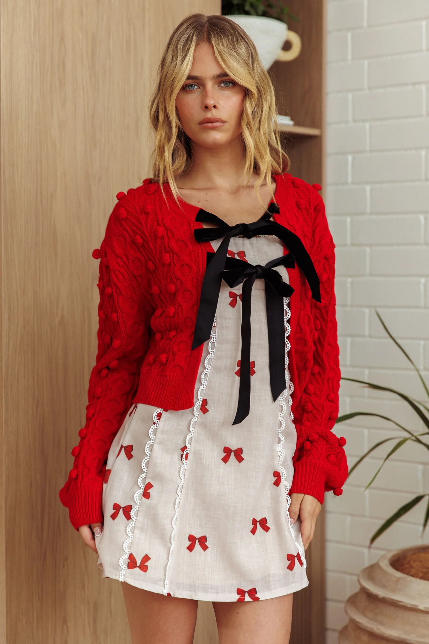 Tera Velvet Bow Cardigan Red - Image 5
