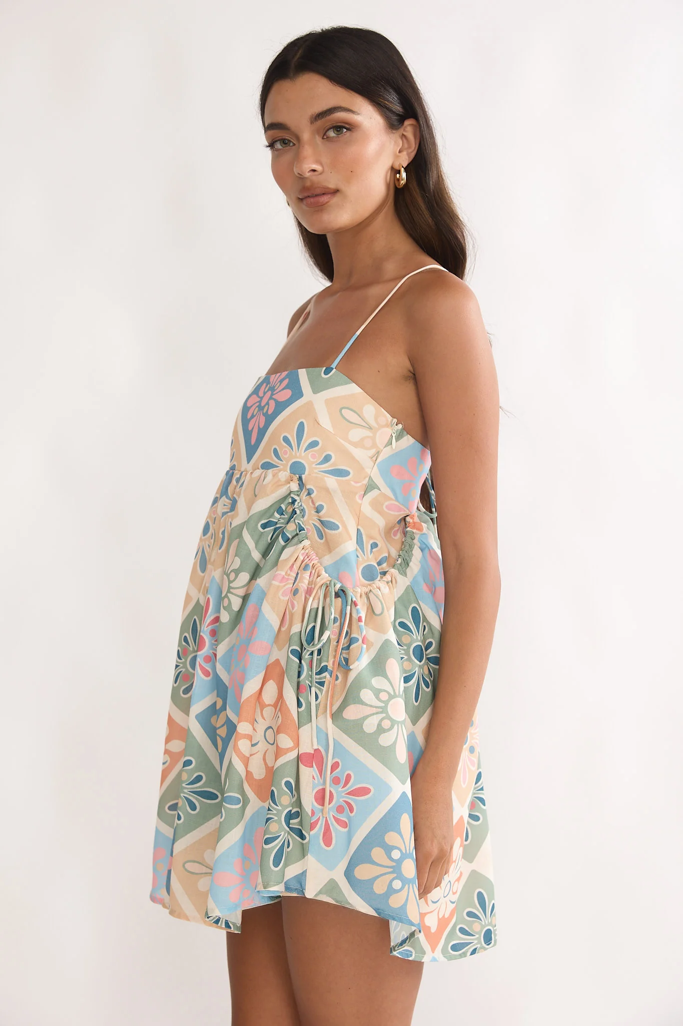 Terenza Tied Back Baby Doll Mini Dress Green Multi - Image 6