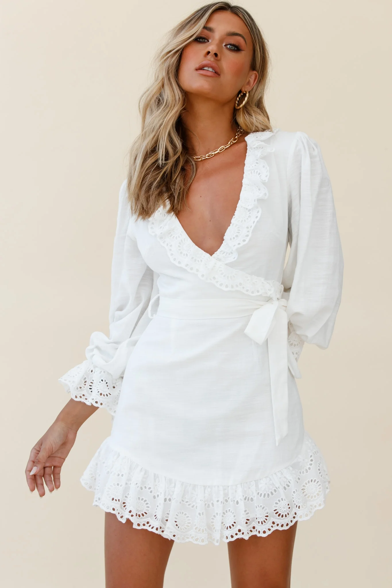 Terroni Lantern Sleeve Frill Hem Dress White - Image 7