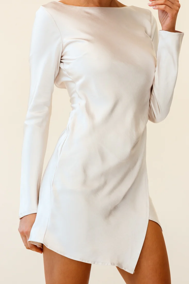 Thank Me Later Long Sleeve Open Back Dress Champagne - Image 4