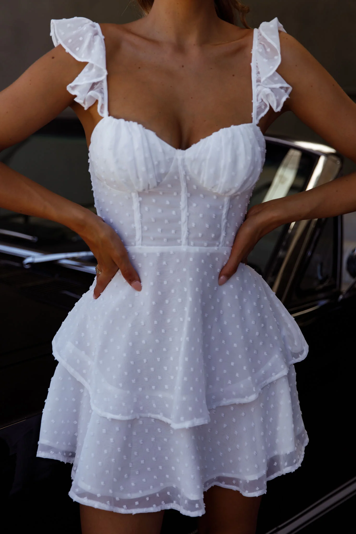 Theory Sweetheart Neckline Frill Strap Mini Dress Textured White - Image 9