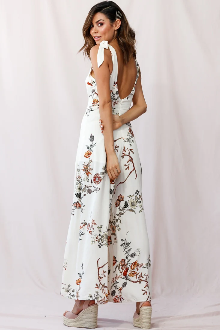 Therese Tied-Shoulder Wide Leg Jumpsuit Floral Print Beige - Image 3