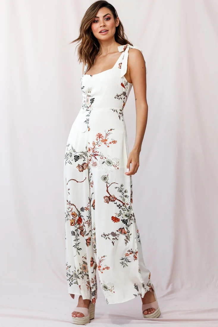 Therese Tied-Shoulder Wide Leg Jumpsuit Floral Print Beige - Image 6