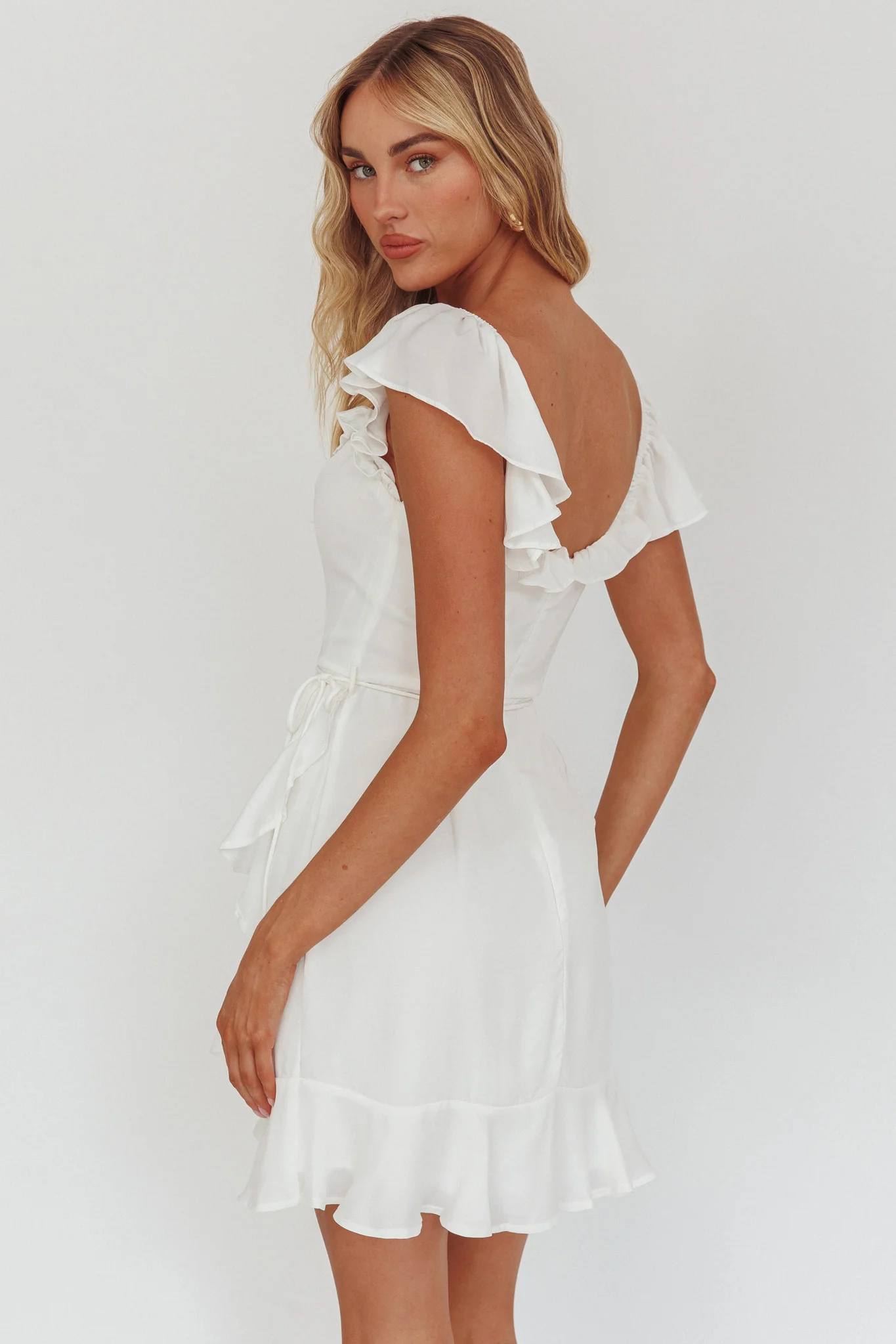 Thinkin' Bout You Ruffle Trim Waist-Tie Dress White - Image 11