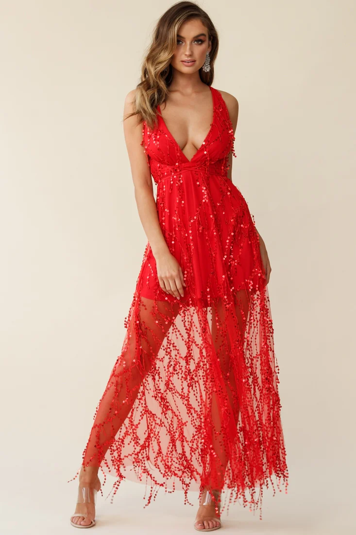 Tiara Sequin Maxi Dress Red - Image 2