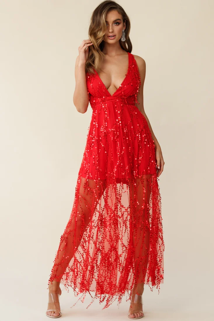 Tiara Sequin Maxi Dress Red - Image 3
